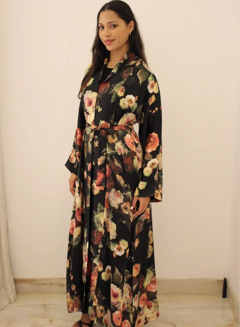 جميلة Black Multi Floral Satin Belted Open Abaya