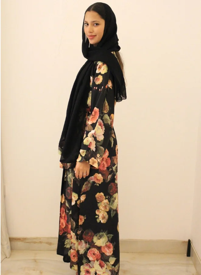 جميلة Black Multi Floral Satin Belted Open Abaya