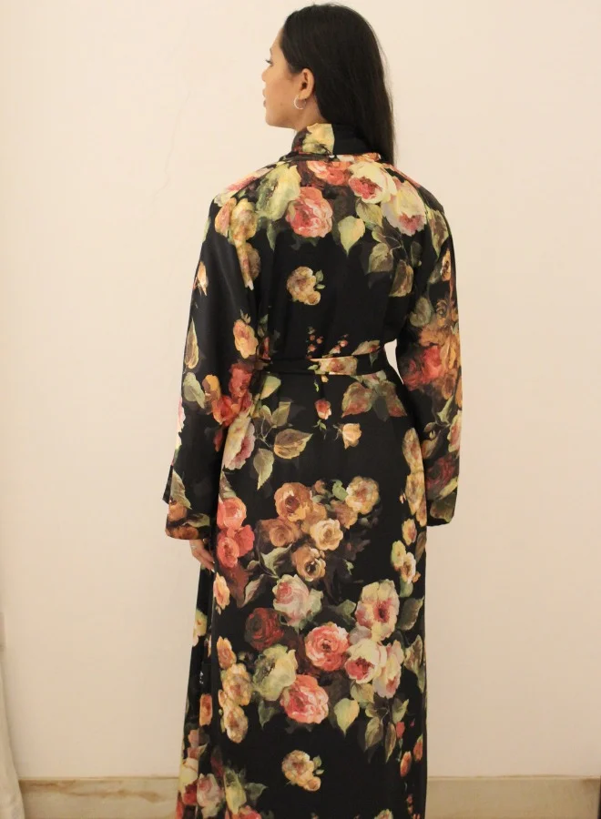 JAMEELA Black Multi Floral Satin Belted Open Abaya