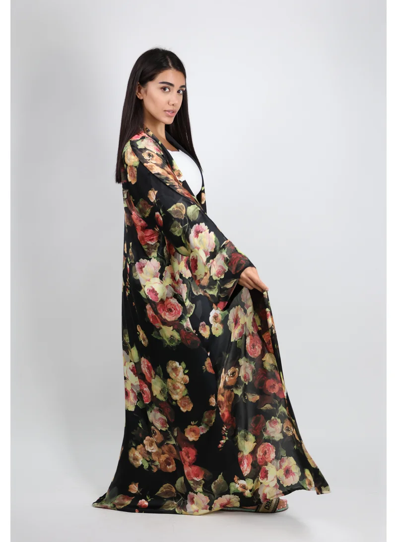 JAMEELA  Black Multi Floral Satin Belted Open Abaya for Women | Best Price UAE