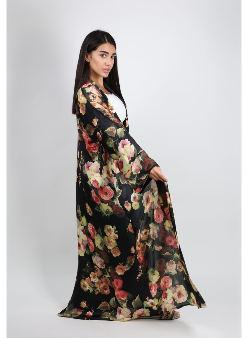 JAMEELA Black Multi Floral Satin Belted Open Abaya - Image 4