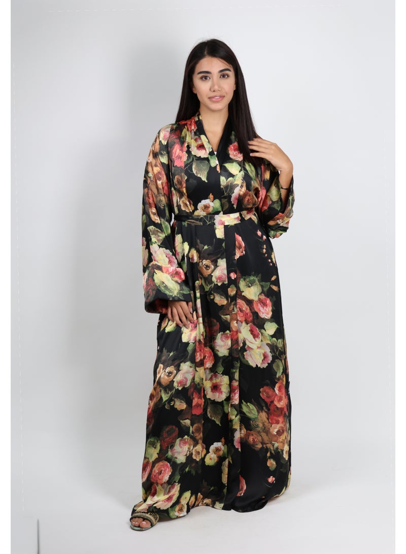JAMEELA Black Multi Floral Satin Belted Open Abaya - Image 1