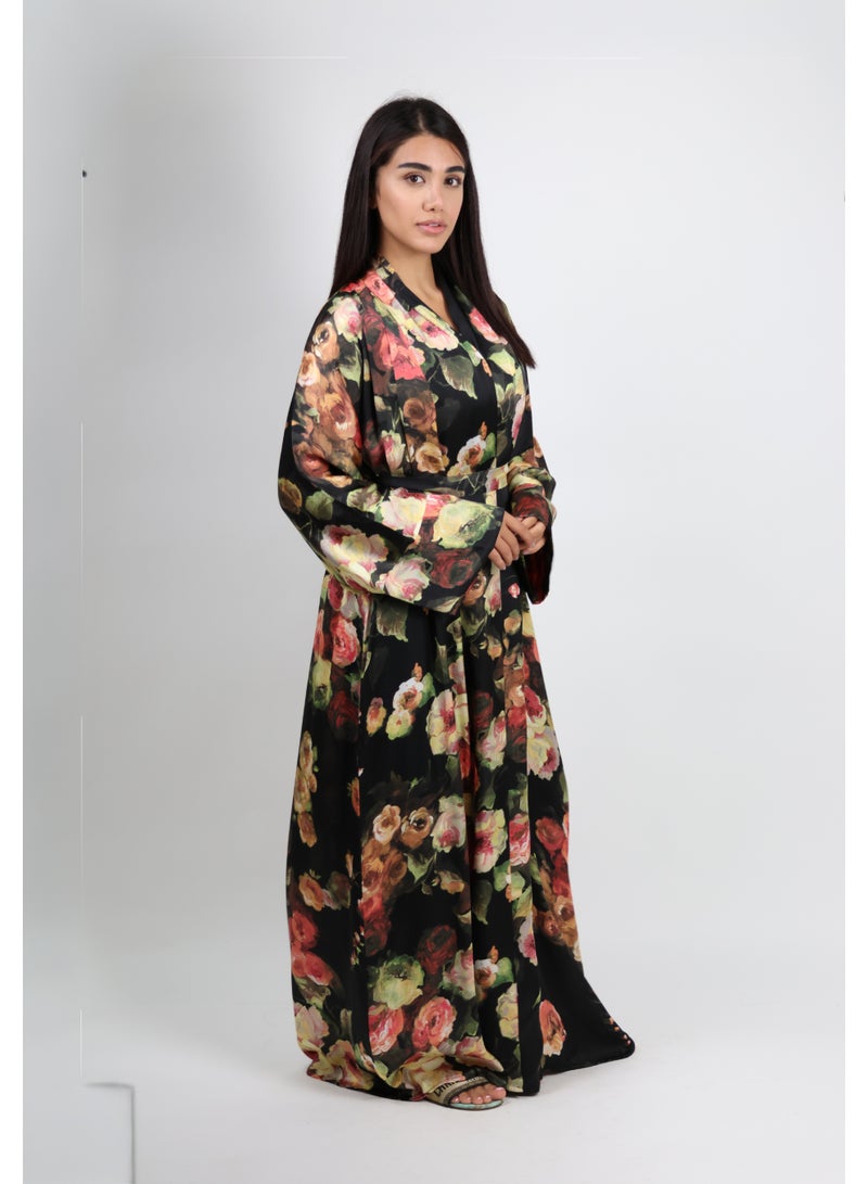 JAMEELA Black Multi Floral Satin Belted Open Abaya - Image 2