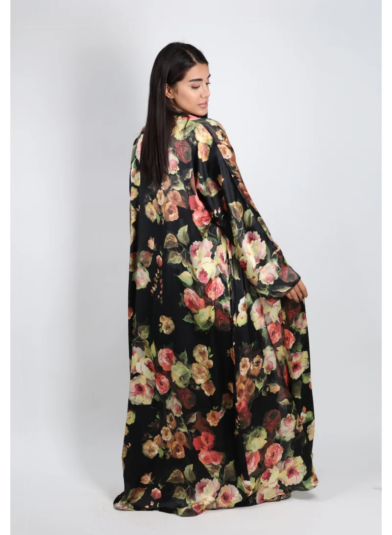 JAMEELA  Black Multi Floral Satin Belted Open Abaya for Women | Best Price UAE