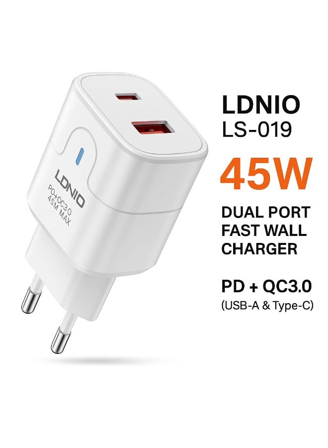 إل دي إن آي أو Ldnio Dual Port Wall Charger With type-c Cable Pd QC3 0 usb-c + usb-a Adapter ls-019 usbc 1 M 45W