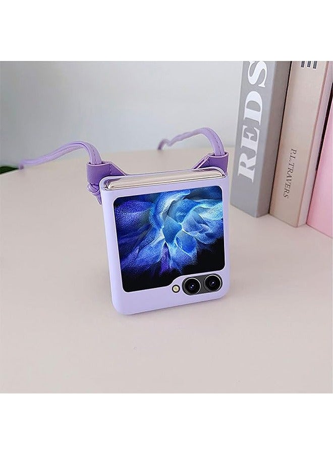 Compatible with Samsung Galaxy Z Flip 5 Case, with Love Card Holder Strap Lanyard,Leather Fiber and PC Material,Wallet Phone Case Cover,with Shoulder Strap Neck Cord Anti-Fall (Purple) - Image 3