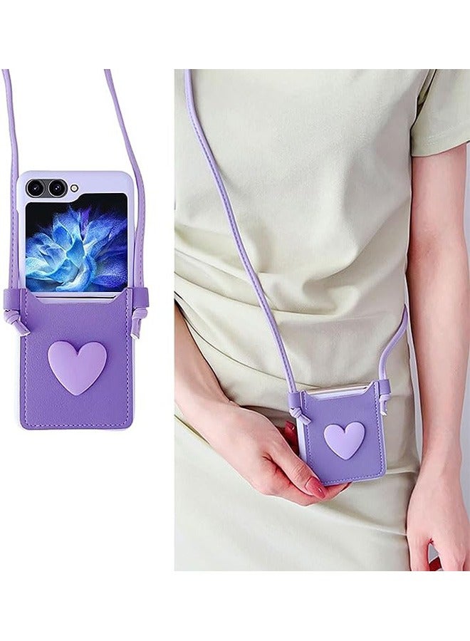 Compatible with Samsung Galaxy Z Flip 5 Case, with Love Card Holder Strap Lanyard,Leather Fiber and PC Material,Wallet Phone Case Cover,with Shoulder Strap Neck Cord Anti-Fall (Purple) - Image 1