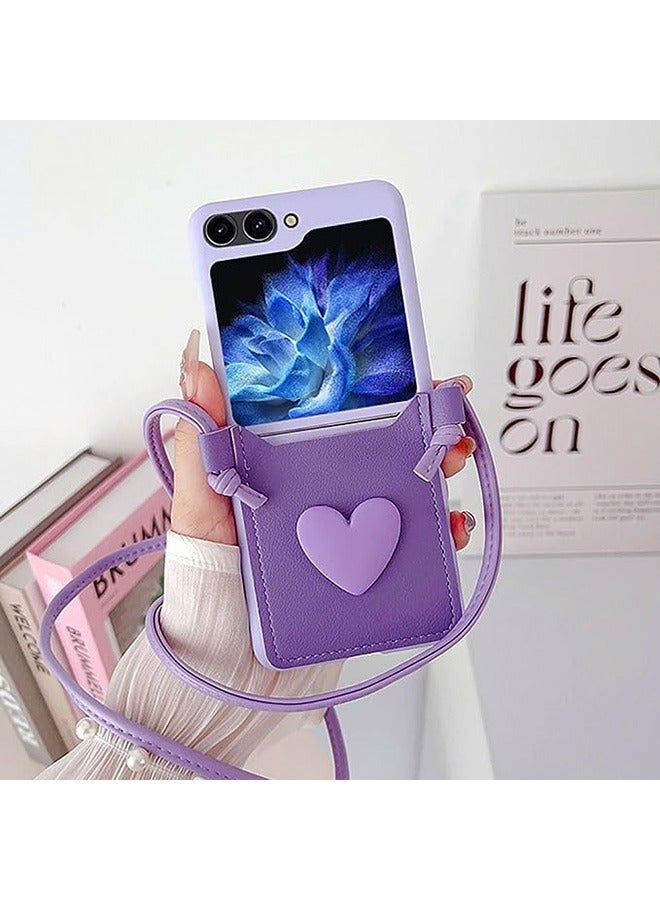 Compatible with Samsung Galaxy Z Flip 5 Case, with Love Card Holder Strap Lanyard,Leather Fiber and PC Material,Wallet Phone Case Cover,with Shoulder Strap Neck Cord Anti-Fall (Purple) - Image 2