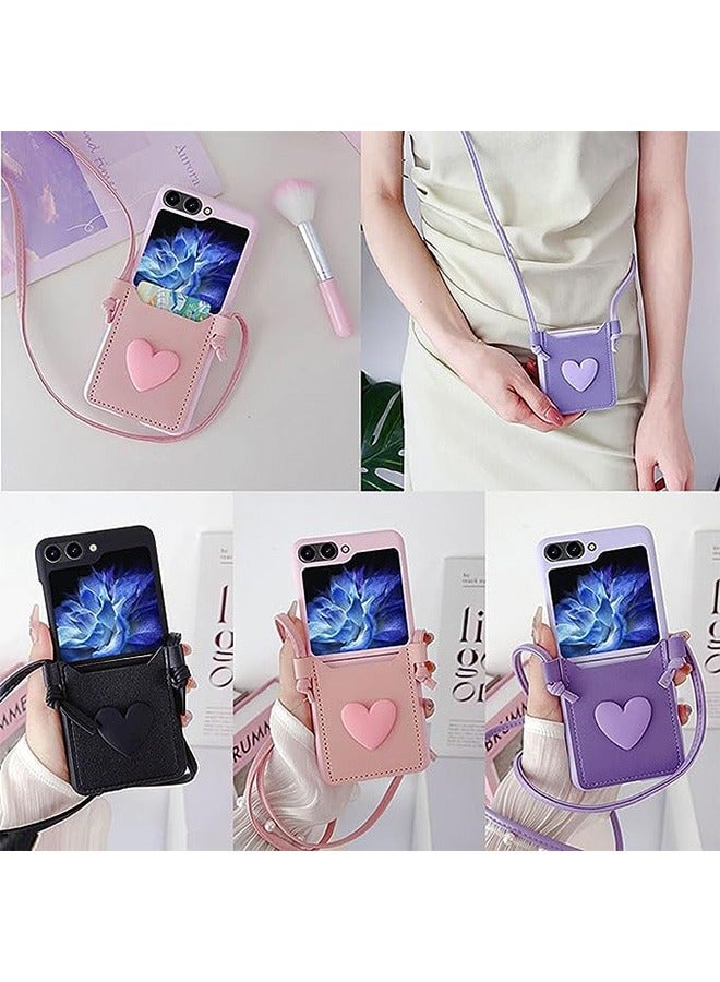 Compatible with Samsung Galaxy Z Flip 5 Case, with Love Card Holder Strap Lanyard,Leather Fiber and PC Material,Wallet Phone Case Cover,with Shoulder Strap Neck Cord Anti-Fall (Purple) - Image 4