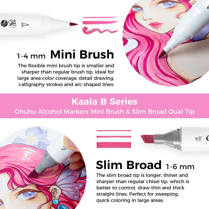 Ohuhu Alcohol Markers: Mini Brush & Slim Broad 60 Illustration Colors Dual Tip Brush Tip Alcohol-based Art Marker for Artists Adults Coloring Illustration- Refillable - Kaala B Series of Ohuhu Markers - Image 2