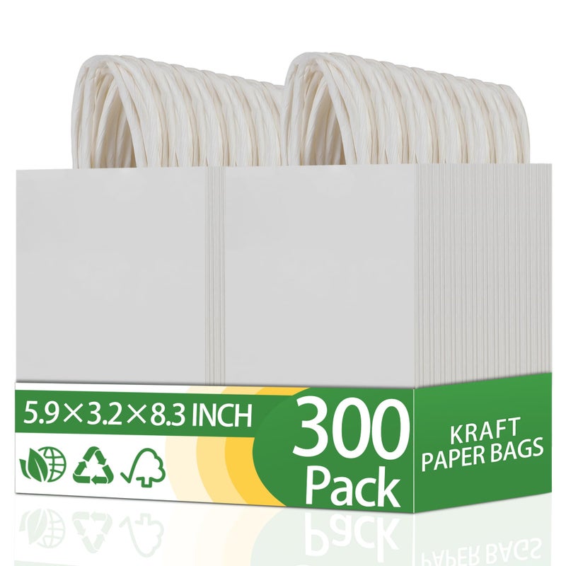 OEMVALATY 300Pcs 5.9x3.2x8.3 Inch Small White Paper Bags with Handles Bulk Gift Wrap Bags Kraft Paper Gift Bags for Birthday Party Favors Grocery Retail Business Shopping Merchandise Goody Craft Bags - Image 1