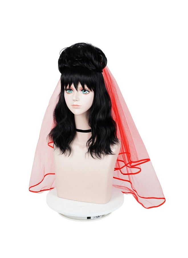 Probeauty Probeauty Long Black Curly Wig with Bangs, 40cm Medium Length Wavy Wig with Red Veil+Necklace+Detachable Bun for Halloween Cosplay Costume Party  - Image 1