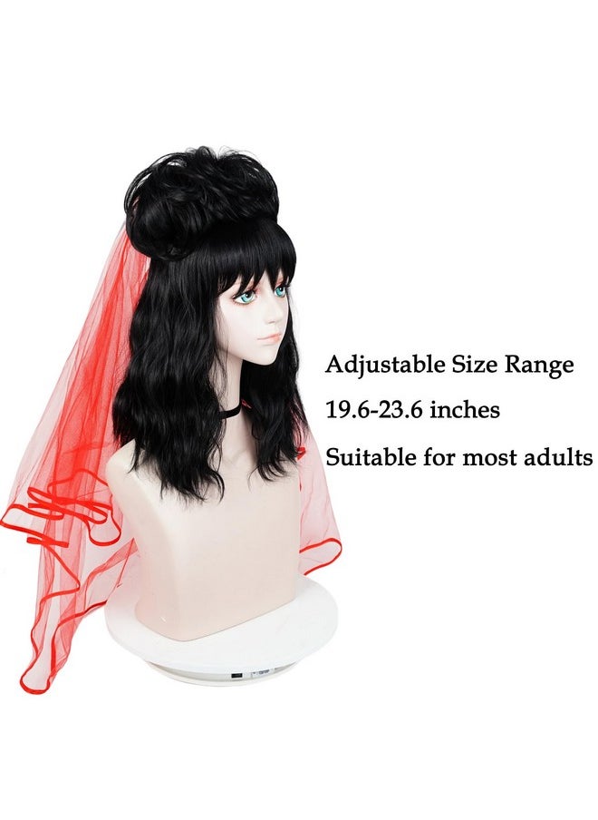 Probeauty Probeauty Long Black Curly Wig with Bangs, 40cm Medium Length Wavy Wig with Red Veil+Necklace+Detachable Bun for Halloween Cosplay Costume Party  - Image 4
