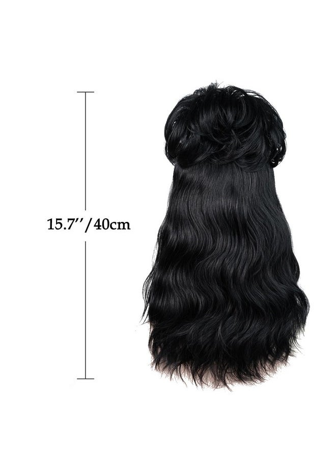 Probeauty Probeauty Long Black Curly Wig with Bangs, 40cm Medium Length Wavy Wig with Red Veil+Necklace+Detachable Bun for Halloween Cosplay Costume Party  - Image 5