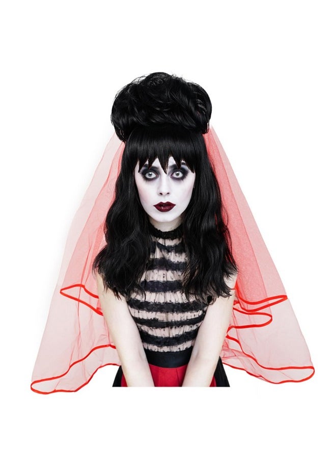 Probeauty Probeauty Long Black Curly Wig with Bangs, 40cm Medium Length Wavy Wig with Red Veil+Necklace+Detachable Bun for Halloween Cosplay Costume Party  - Image 2
