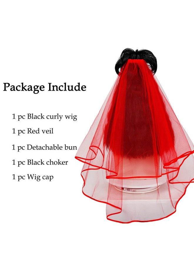 Probeauty Probeauty Long Black Curly Wig with Bangs, 40cm Medium Length Wavy Wig with Red Veil+Necklace+Detachable Bun for Halloween Cosplay Costume Party  - Image 3