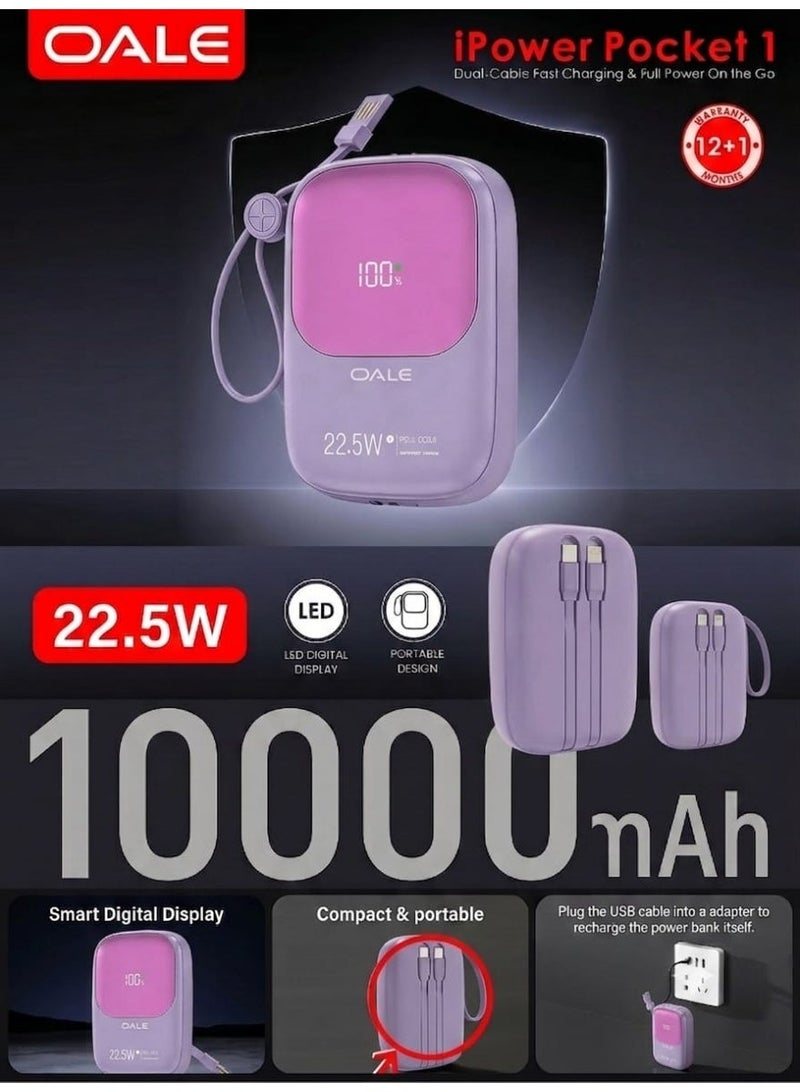 OALE iPower Pocket1 10000mAh 22.5W Fast Charging Power Bank with Built-in Cables - Image 1
