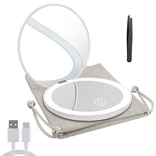 Milishow Compact Mirror with LED Light,1x/10x Magnifying Rechargeable Mirror,3.5in, Dimmable Travel Mirror for Purse,Pocket,Handheld 2-Sided Makeup Mirror - Image 1