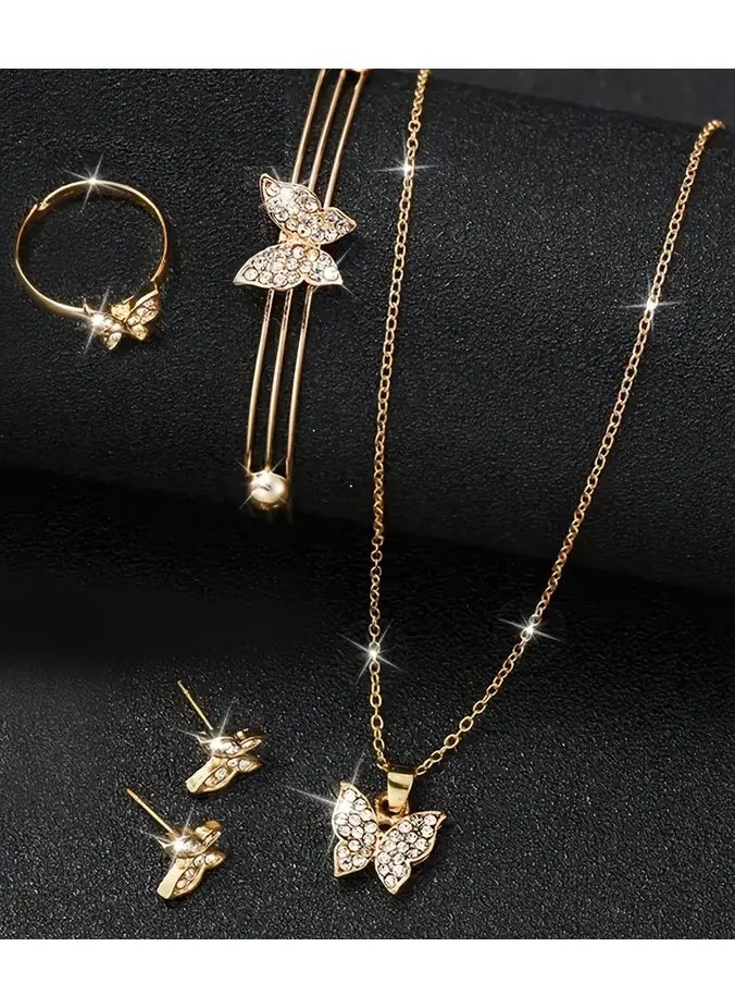 Home Clearance Sale 5pcs Butterfly Jewelry Set for Women - Alloy Butterfly Pendant Necklace, Bracelet, Earrings, and Ring - Simple & Design for Daily Wear, Gift-Giving - Non-Plated Fashion Accessories for All Seasons  - Image 2