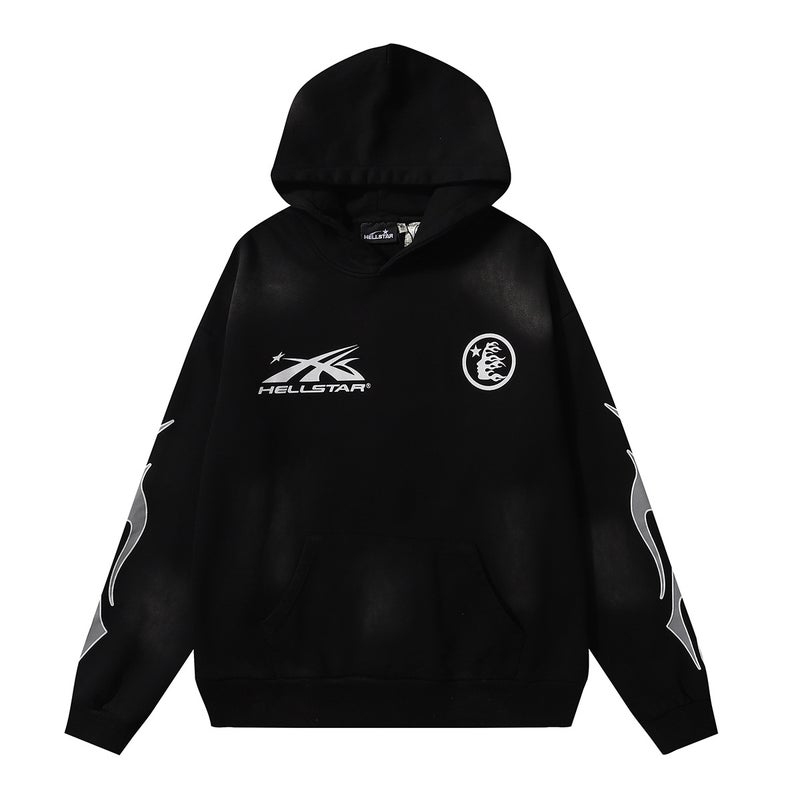 American Street Fashion Brand Retro Cracked Logo High Weight Loose Washed and Distressed Hooded Sweatshirt Mens Hoodie Suit 2219 black