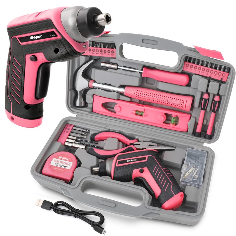 Hi-Spec Hi-Spec 35 Piece Pink USB 3.6V Electric Power Screwdriver & DIY Tool Kit. A Complete Home Hand Tools Box Set with Cordless Rechargeable Screwdriving - Image 1