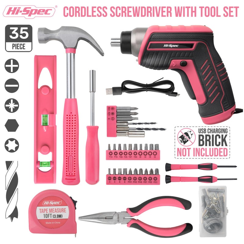 Hi-Spec Hi-Spec 35 Piece Pink USB 3.6V Electric Power Screwdriver & DIY Tool Kit. A Complete Home Hand Tools Box Set with Cordless Rechargeable Screwdriving - Image 2