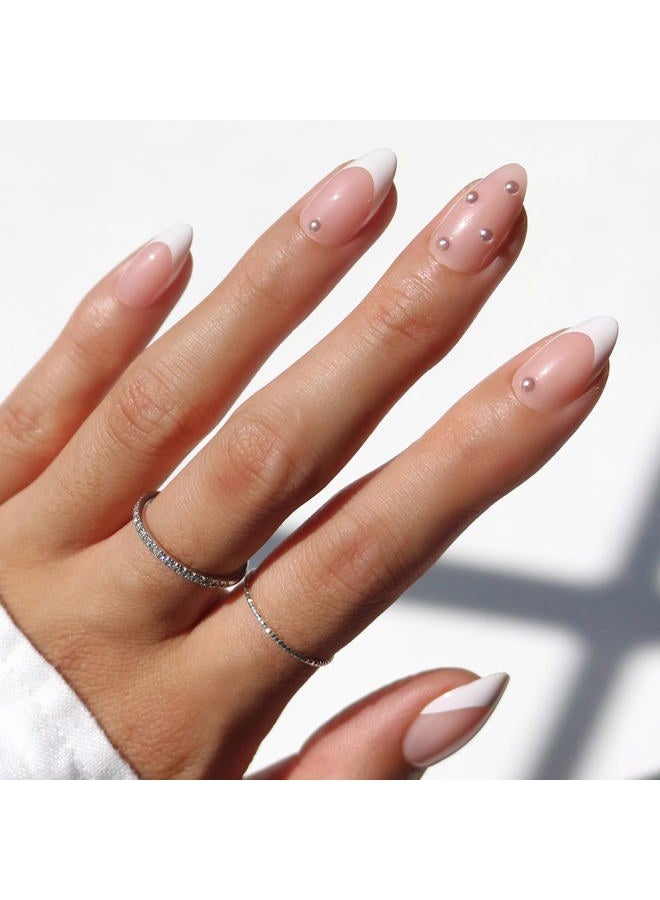 Glamnetic x GLAMZILLA Press On Nails - ALWAYS & FOREVER | Short Almond French Tip Fake Nails with 3D Pearls, Salon Quality Wedding Nails | 15 Sizes - 30 Nail Kit with Glue - Image 1