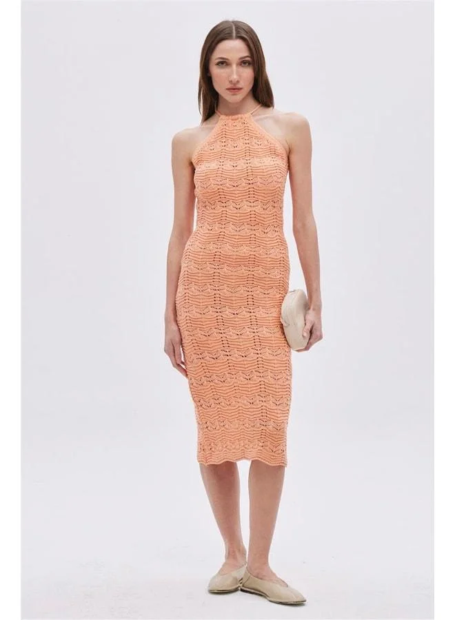 Sherin Orange Halter Neck Midi Knit Dress.