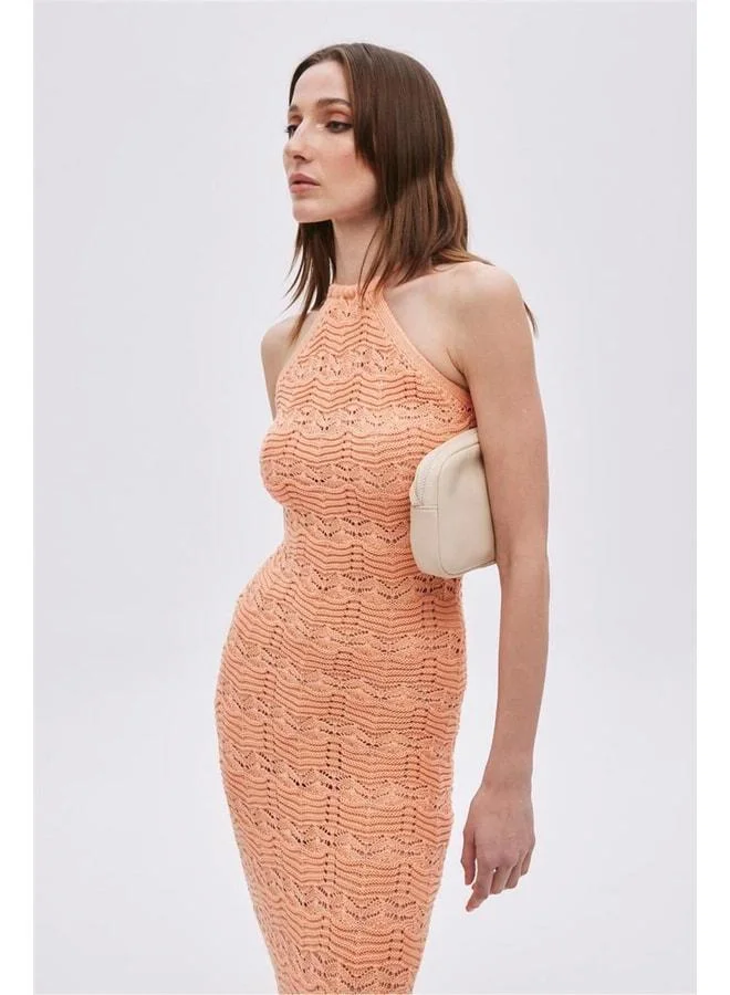 Sherin Orange Halter Neck Midi Knit Dress.