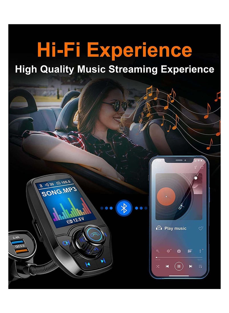 Bluetooth FM Transmitter in-Car Wireless Radio Adapter Kit W 1.8" Color Display Hands-Free Call AUX in Out SD TF Card USB Charger QC3.0 for All Smartphones Audio Players - Image 2