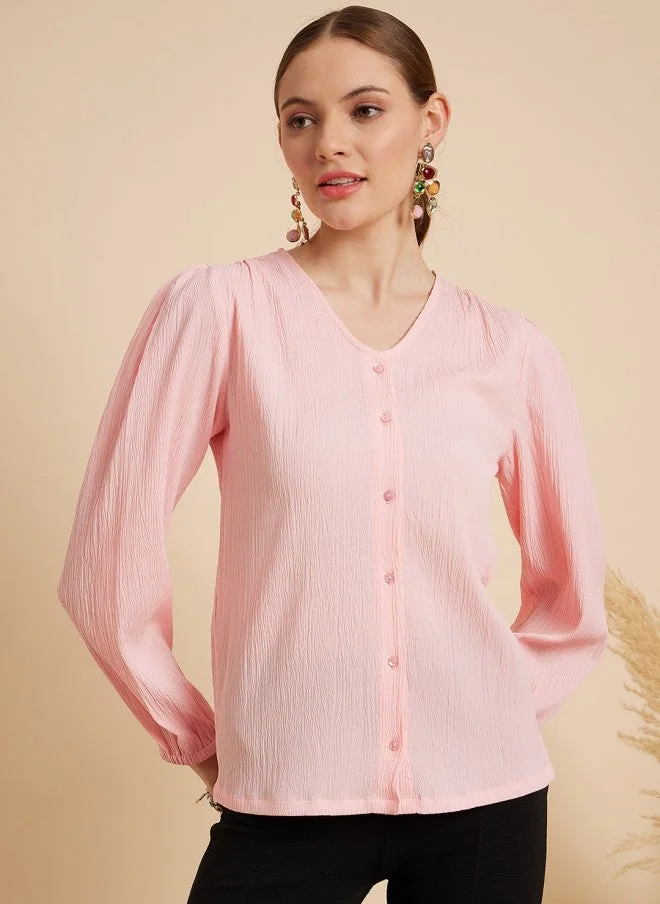 MINT STREET Pink V-Neck Puff Sleeve Crepe Shirt for Women