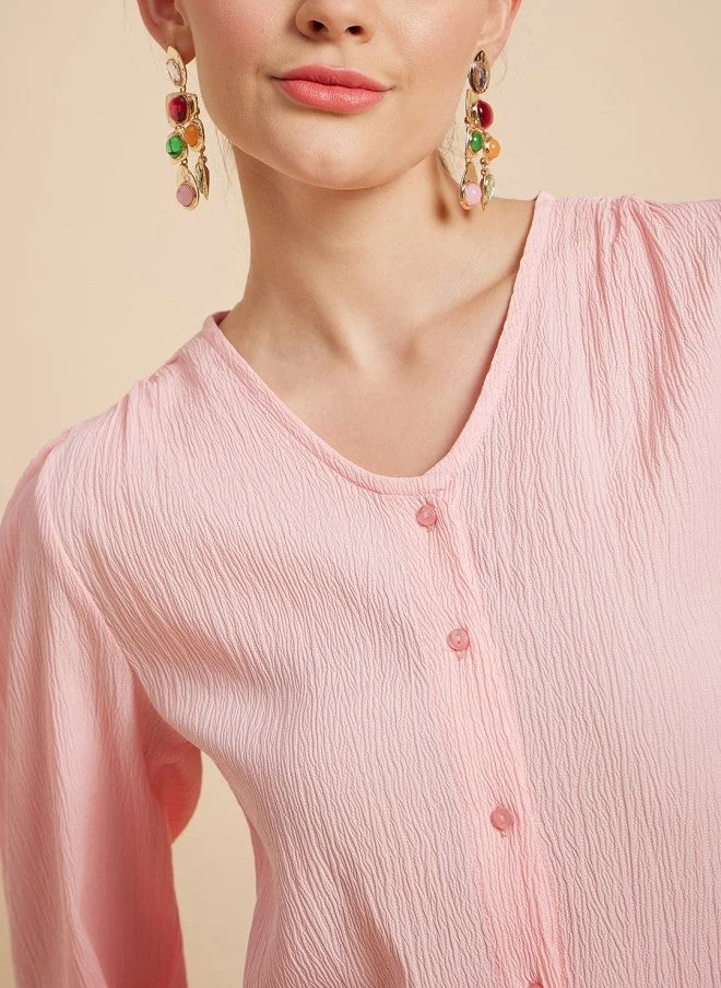 MINT STREET Pink V-Neck Puff Sleeve Crepe Shirt for Women