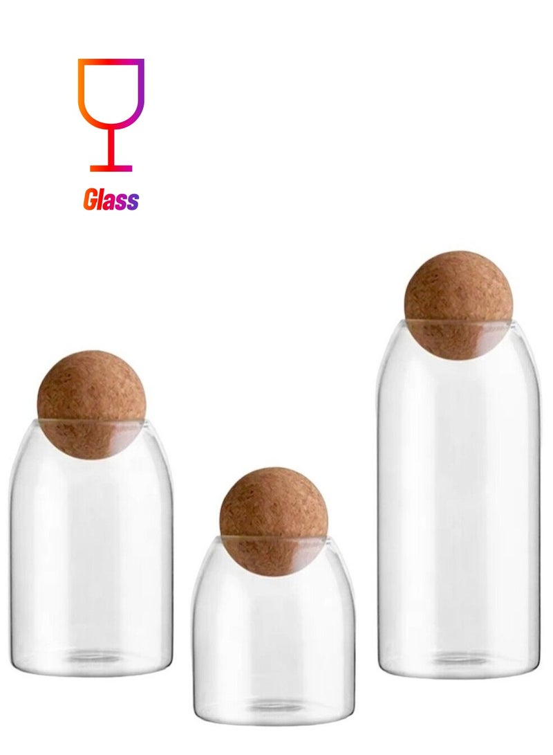 BLOOMING TIME 3 Piece Set Storage Container, Sealed Jar, Canister, Cork Glass Bottle, Food Storage Tank, Transparent Jar, Spherical Cork - Image 1