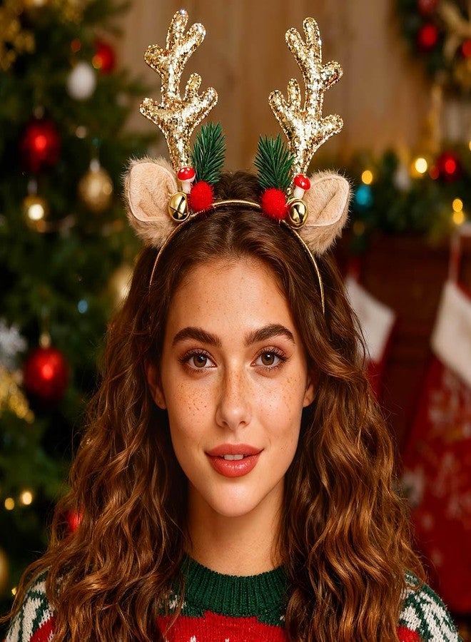 JEAIRTS Christmas Reindeer Antlers Headband Sequin Antler Ears Xmas Hair Band Cute Holiday Headbands Accessories for Women (1-Gold) - Image 4