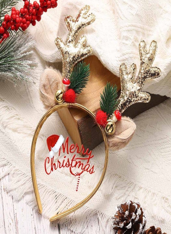 JEAIRTS Christmas Reindeer Antlers Headband Sequin Antler Ears Xmas Hair Band Cute Holiday Headbands Accessories for Women (1-Gold) - Image 3
