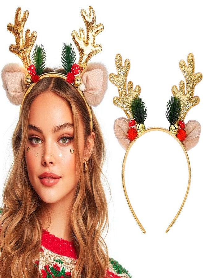 JEAIRTS Christmas Reindeer Antlers Headband Sequin Antler Ears Xmas Hair Band Cute Holiday Headbands Accessories for Women (1-Gold) - Image 1