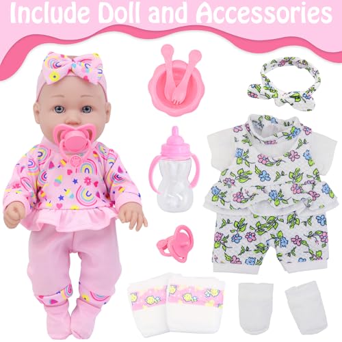 Ecore Fun 12 Inch Baby Doll with Clothes and Accessories16 Pcs Reborn Alive Doll Playset Sets Include 12 Inch Doll2 Sets of ClothesHeadbandSoft SocksTableware Feeding Bottle DiapersNipple - Image 5