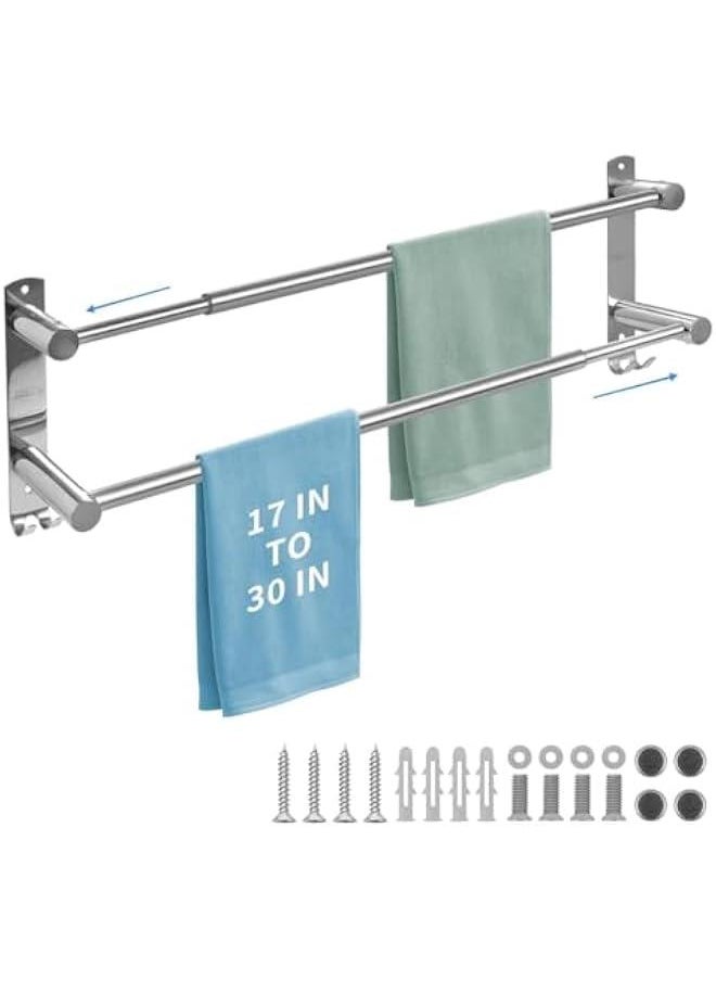 HOOKOR Stretchable 43-75CM Bath Towel Bar Bathroom Towel Rack Hooks Kitchen Hand Towel Holder Dish Cloths Hanger SUS304 Stainless Steel Wall Mounted 2 or 3 Bar Silver (Bright Silver 2 Bars)  - Image 1