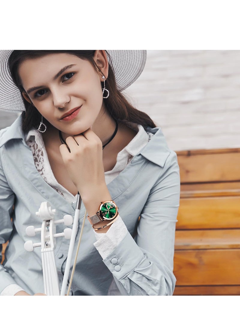 OLEVS Women's Watch, Small Wrist Rose Gold Cute Diamond Heart Shape Arabic Numeral Dial Women's Watch, Fashion Waterproof Mesh Bracelet Analog Dress Watch - Image 3