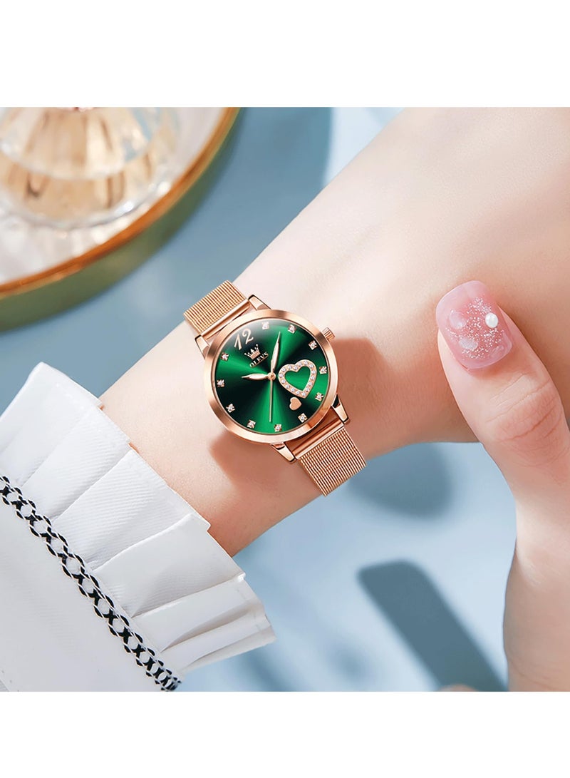 OLEVS Women's Watch, Small Wrist Rose Gold Cute Diamond Heart Shape Arabic Numeral Dial Women's Watch, Fashion Waterproof Mesh Bracelet Analog Dress Watch - Image 2