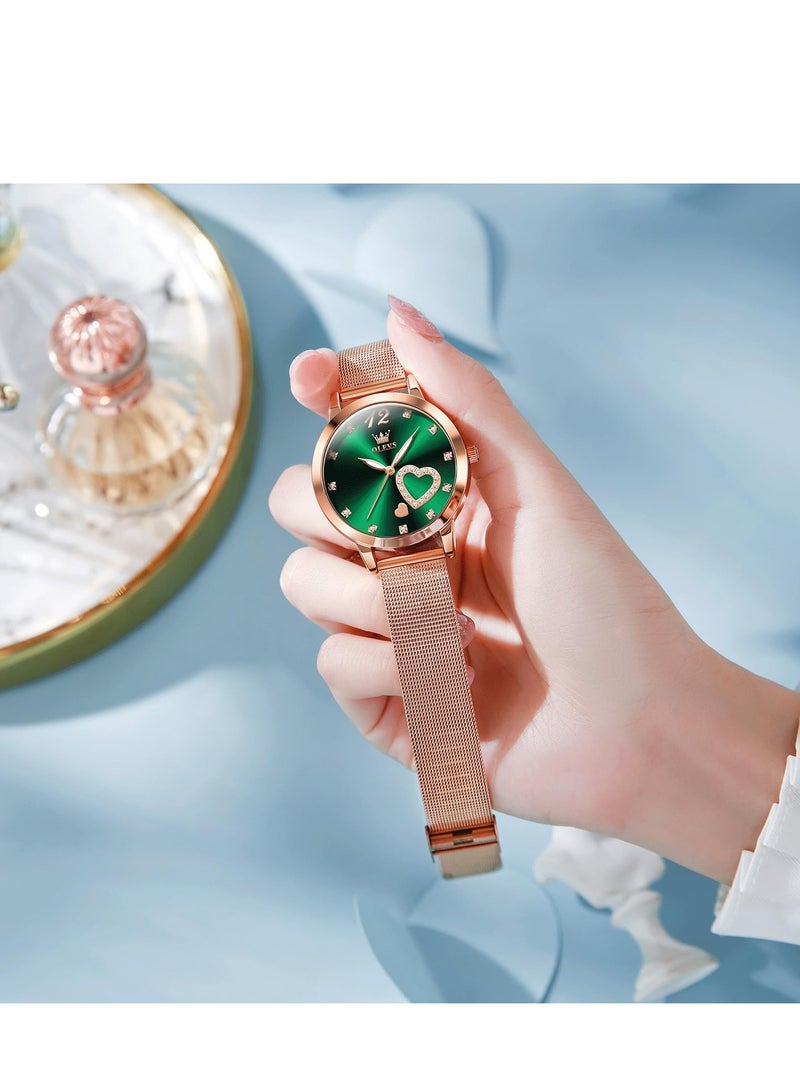 OLEVS Women's Watch, Small Wrist Rose Gold Cute Diamond Heart Shape Arabic Numeral Dial Women's Watch, Fashion Waterproof Mesh Bracelet Analog Dress Watch - Image 4