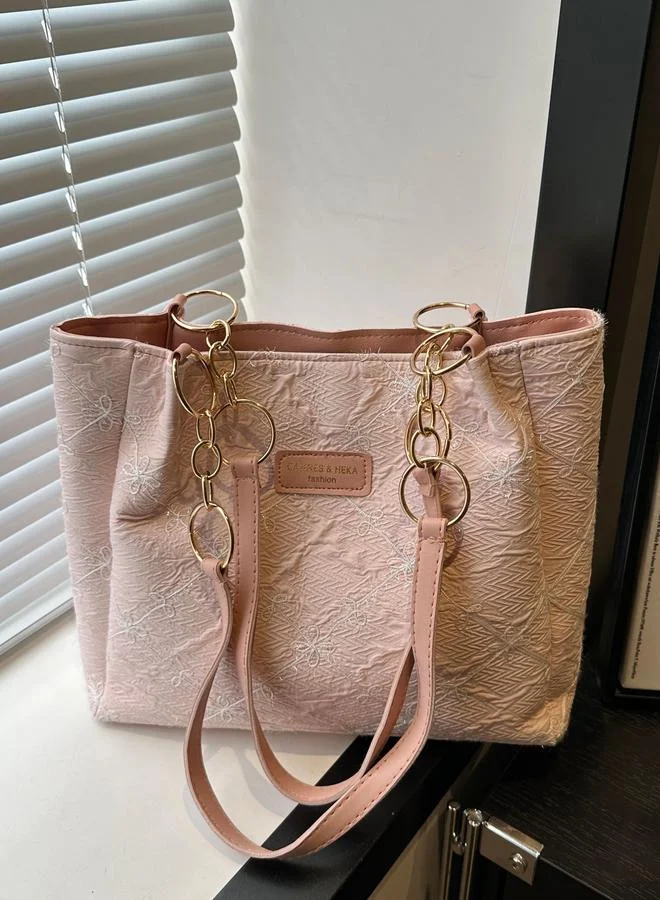 Take Two Pink Embroidered Shoulder Bag with Chain Detail