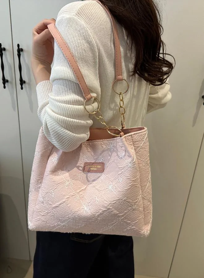 Take Two Pink Embroidered Shoulder Bag with Chain Detail