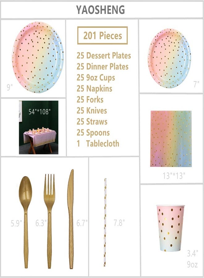 YAOSHENG 201PCS Rainbow Pastel Party Supplies Set-Disposable Paper Dinnerware Serves 25, Pastel Paper Plates Napkins Cups&Gold Plastic Silverware Sets for Wedding Birthday Baby Shower Holiday Parties - Image 2