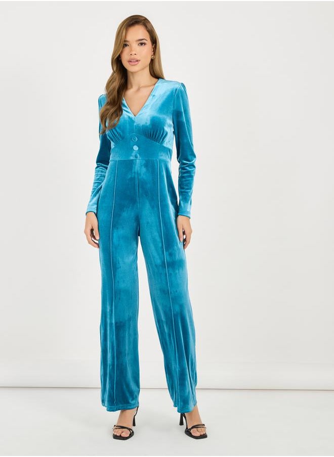 Styli Velvet Look Wide Leg Jumpsuit with Corset Waist Detail  - Image 1