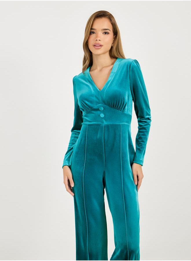 Styli Velvet Look Wide Leg Jumpsuit with Corset Waist Detail  - Image 5