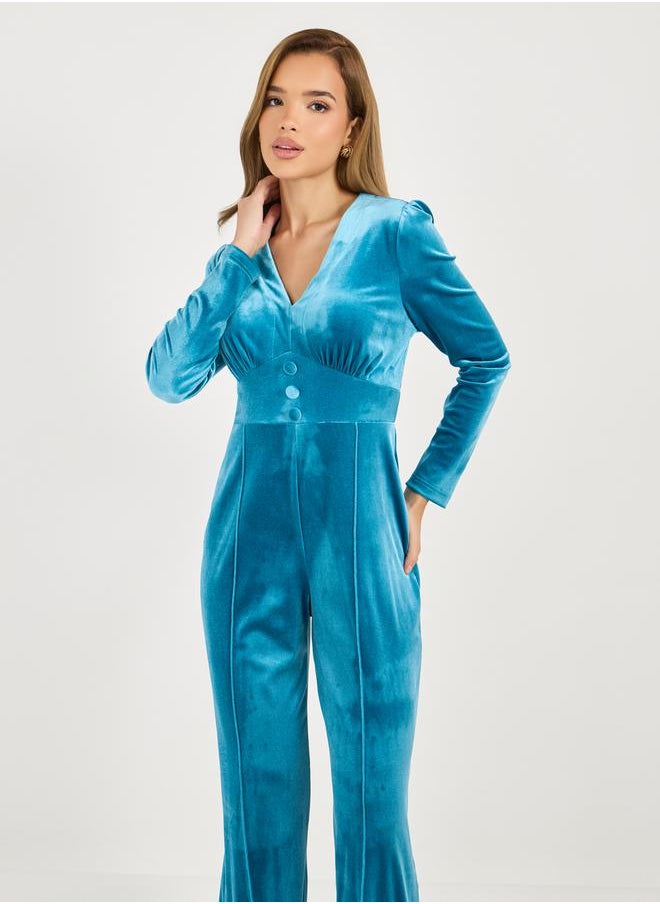 Styli Velvet Look Wide Leg Jumpsuit with Corset Waist Detail  - Image 2