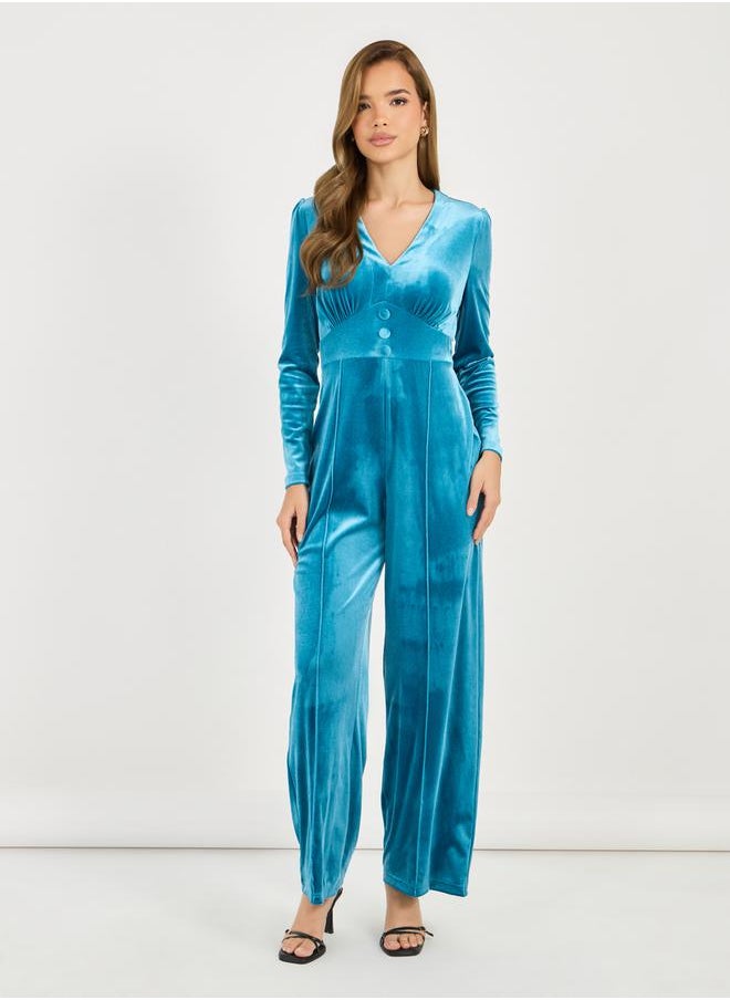 Styli Velvet Look Wide Leg Jumpsuit with Corset Waist Detail  - Image 4