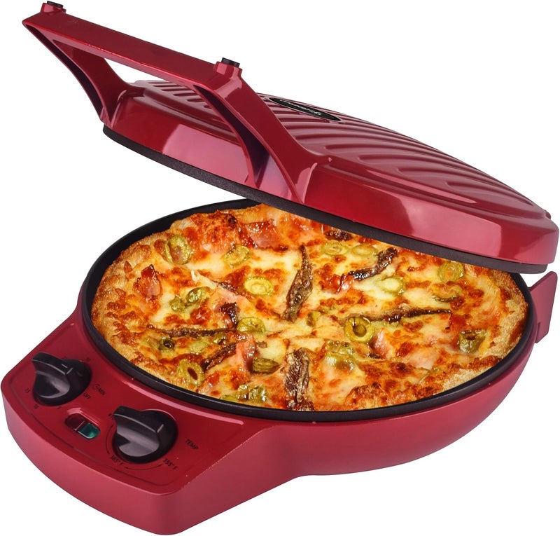 COURANT Pizza Maker, 12 Inch Pizza Cooker and Calzone Maker, with Timer &Temperatures control, 1440 Watts Pizza Oven convert to Electric indoor Grill, Red - Image 1
