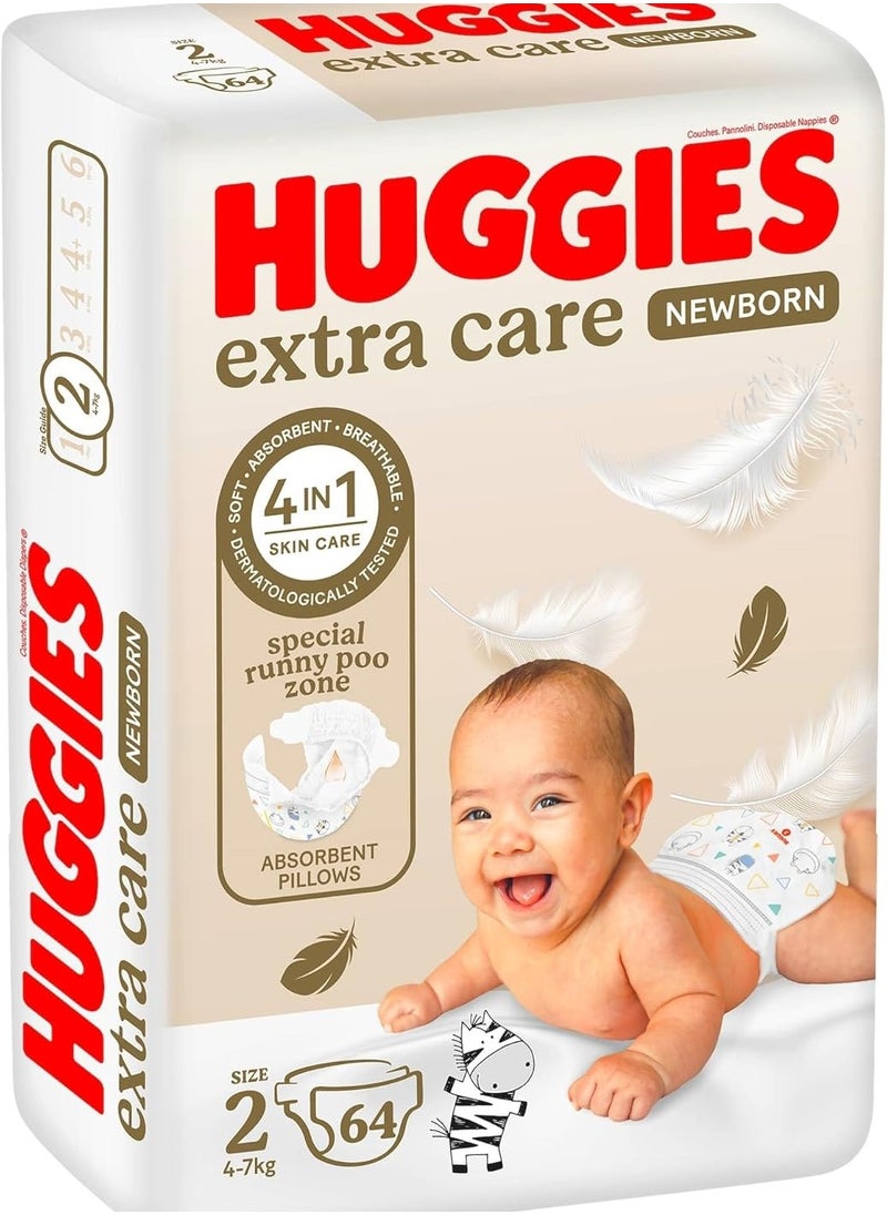 Huggies Huggies Extra Care Newborn, Size 2, 4 - 6 kg, Jumbo Pack, 64 Diapers  - Image 1